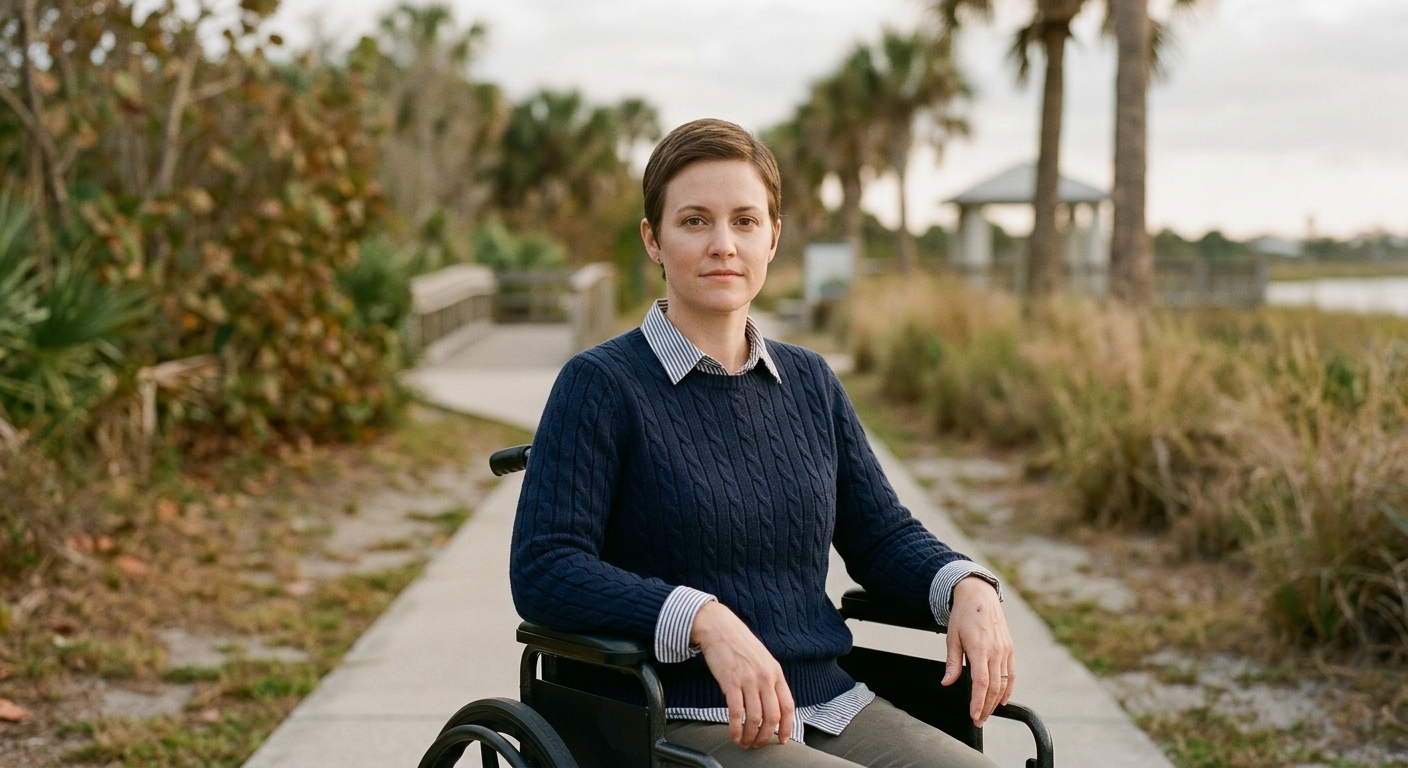 Person using a wheelchair looks forward with quiet resolve after a catastrophic spinal injury.