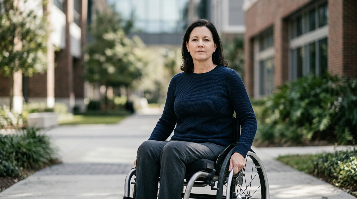 Person using a wheelchair looks forward with quiet resolve after a catastrophic spinal injury.