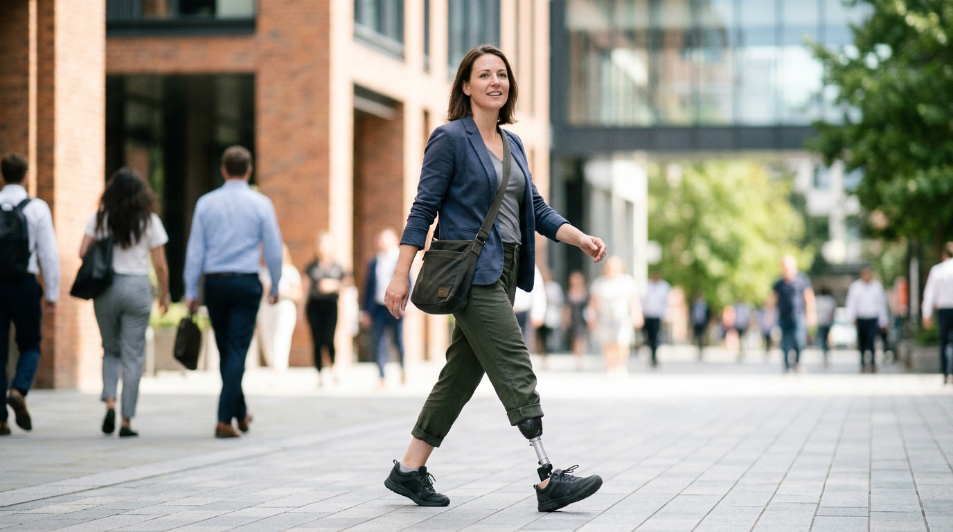 Person with a prosthetic leg practicing walking and everyday mobility.