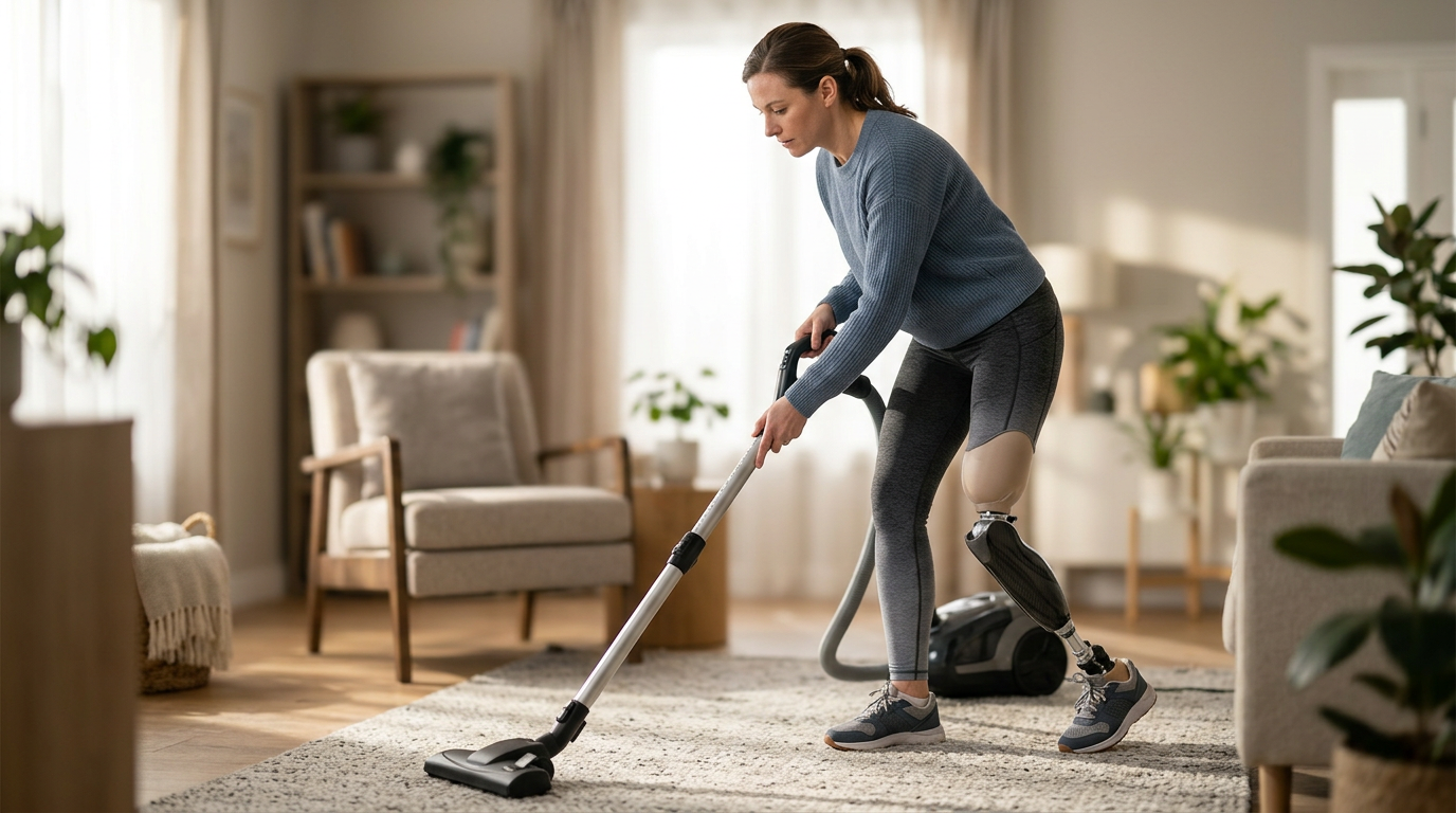 Person with a prosthetic leg practicing walking as they rebuild daily independence after an amputation.