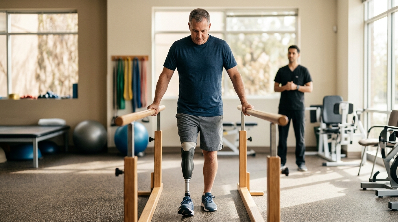 Person with a prosthetic leg practicing walking to rebuild daily independence after an amputation.