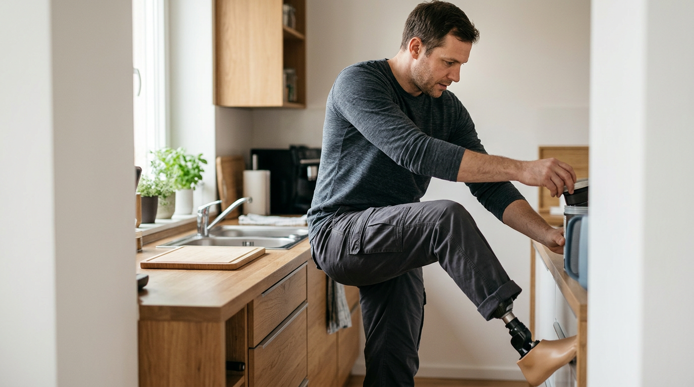 Person with a prosthetic leg practicing walking to rebuild daily independence after an amputation.