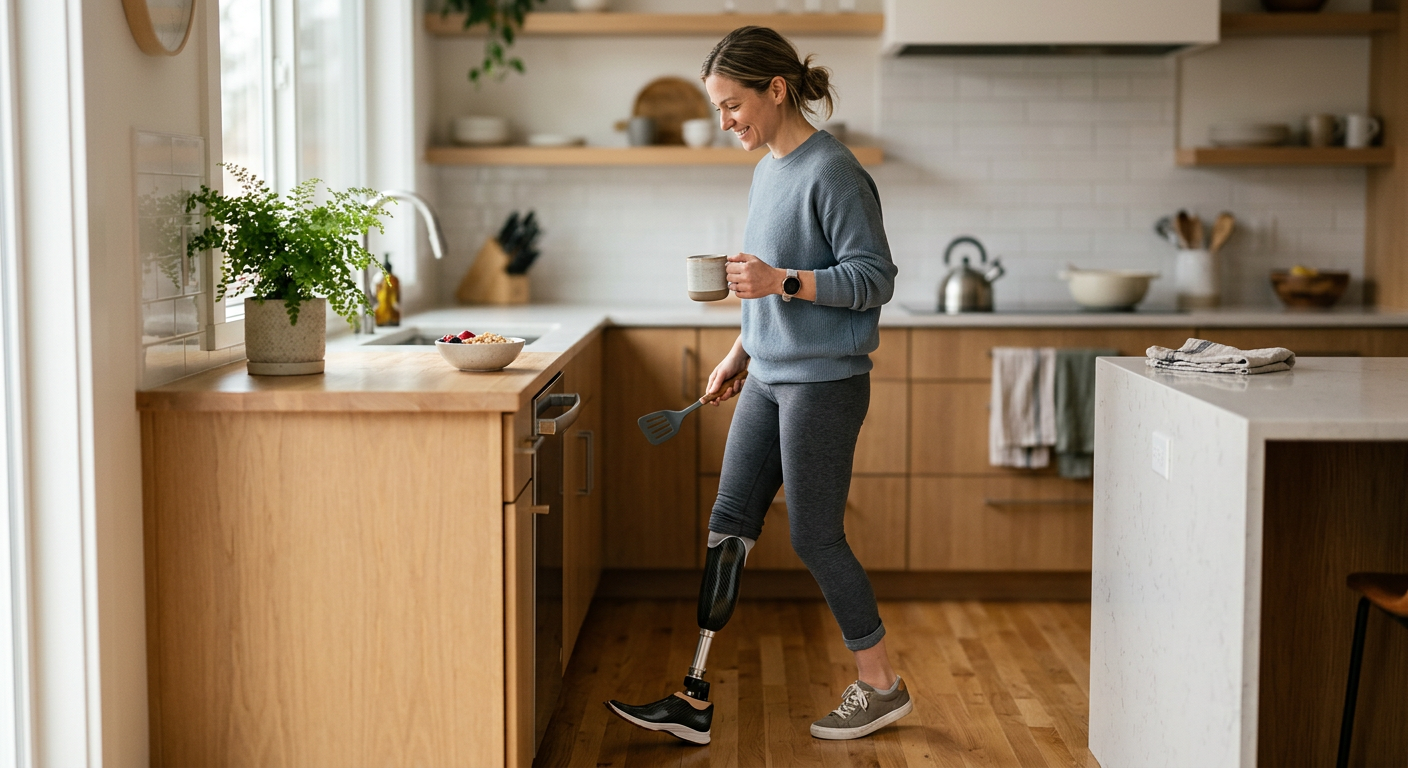 Person with a prosthetic leg practicing walking to regain daily independence after amputation.