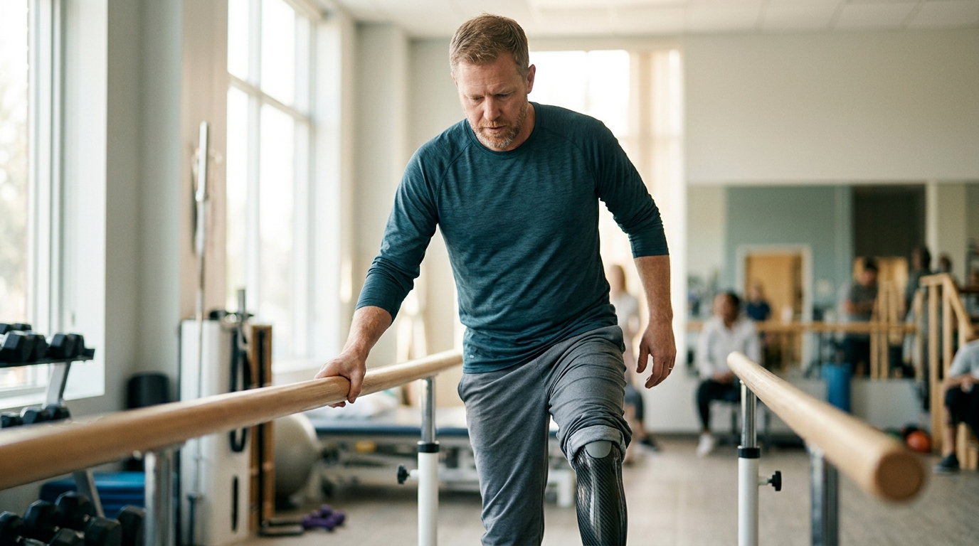 Person with a prosthetic leg practicing walking to regain daily independence after an amputation.