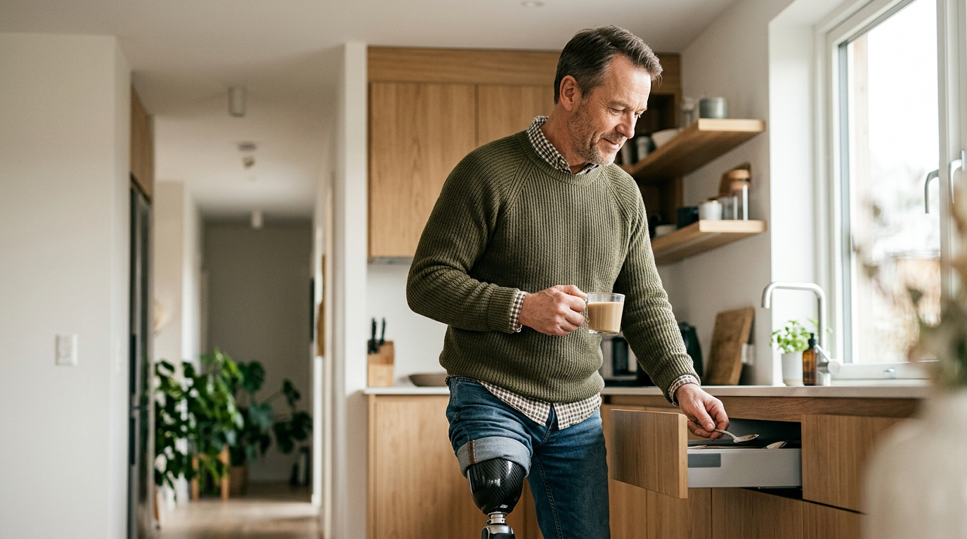 Person with a prosthetic leg practicing walking to regain daily independence after an amputation.