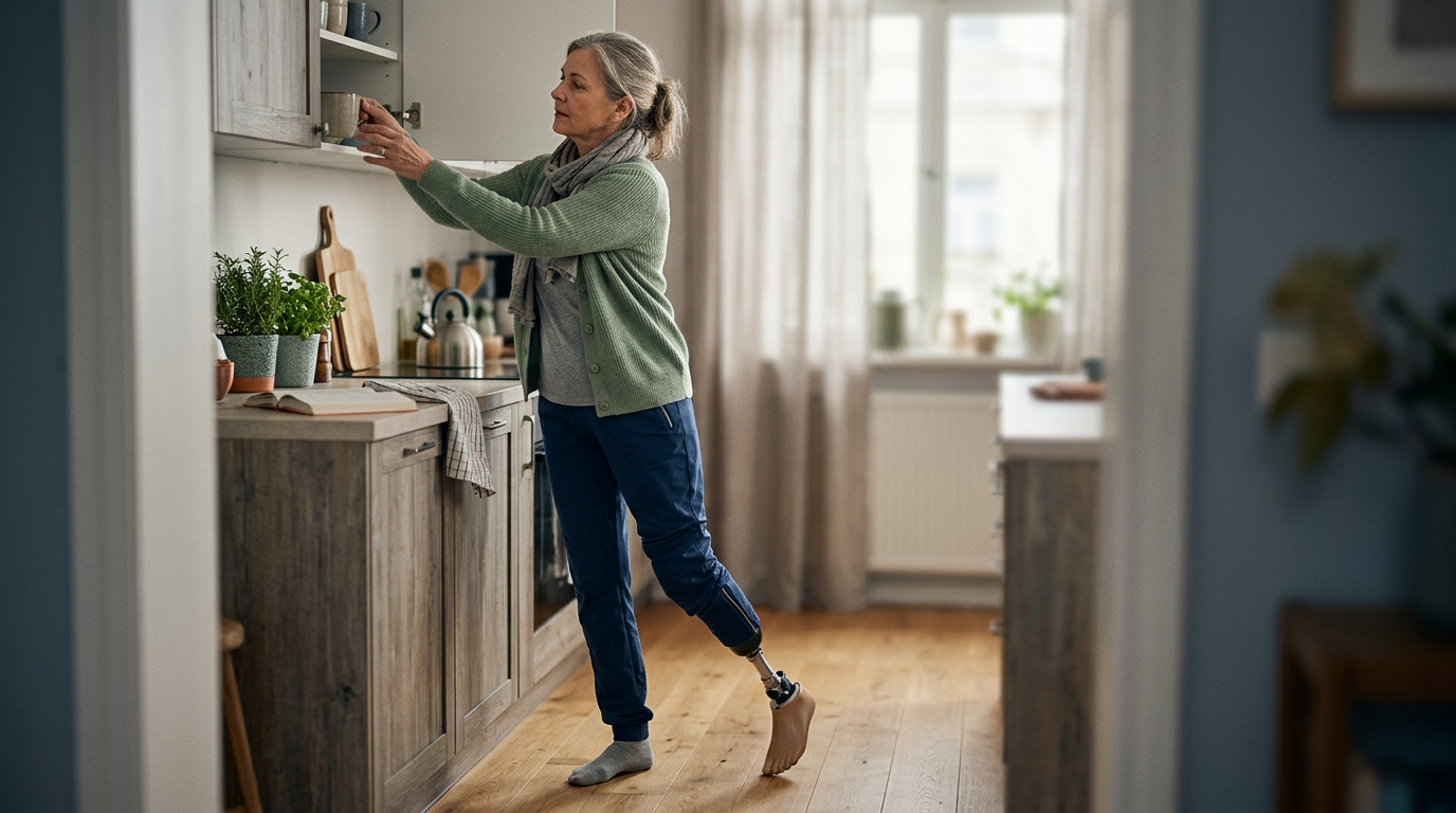 Person with a prosthetic leg practicing walking to regain daily independence after amputation.