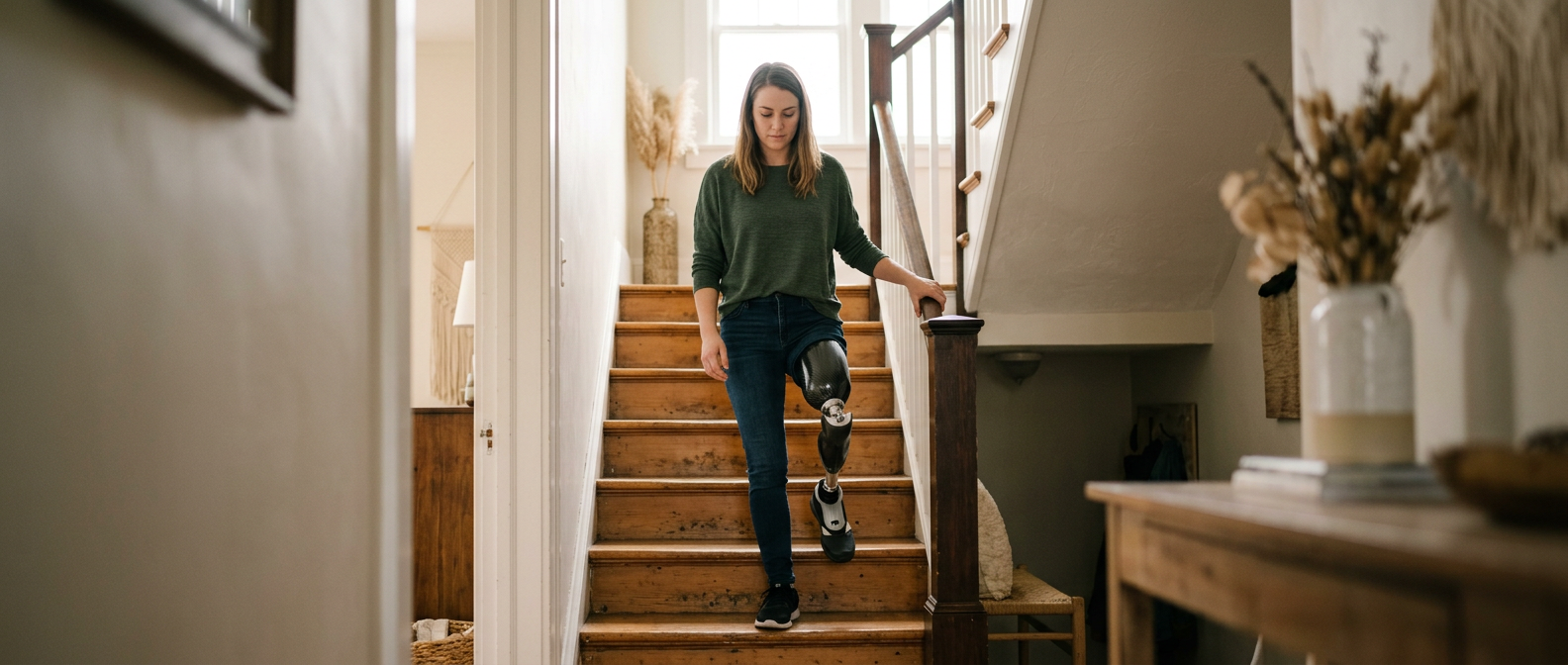Person with a prosthetic leg walking independently on a city sidewalk after an amputation.