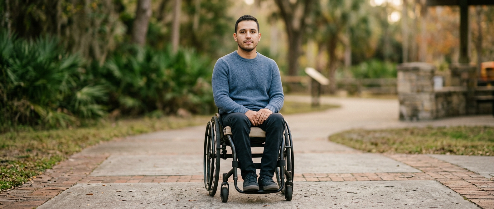 Persona hispana en silla de ruedas mira al frente con determinación tras una lesión medular en Florida.