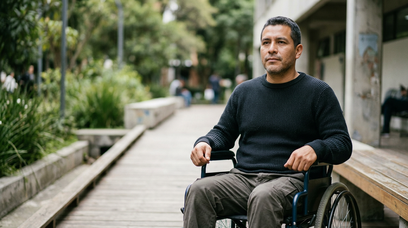 Persona hispana en silla de ruedas mira al frente con determinación tras lesión medular grave.