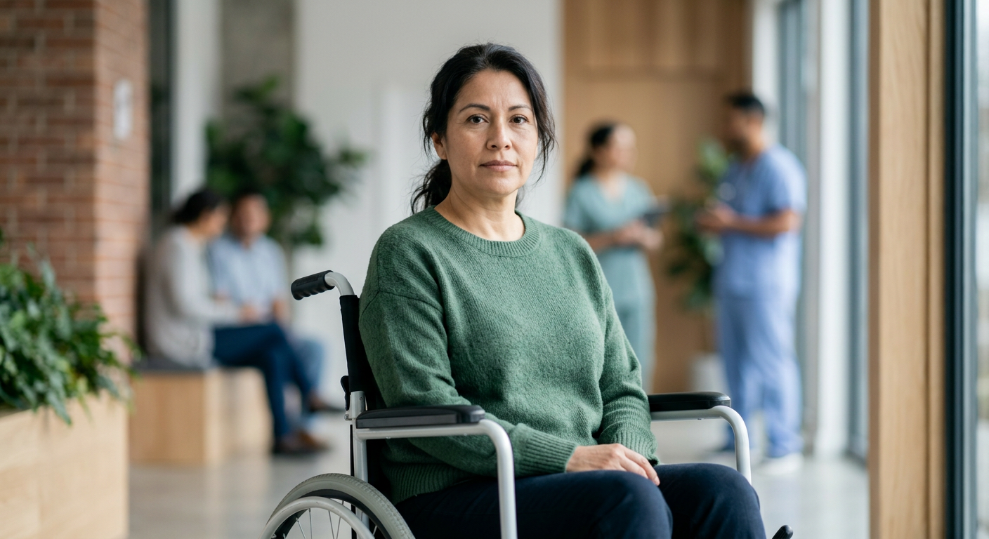 Persona hispana en silla de ruedas mira al frente con serena determinación tras una lesión medular grave.
