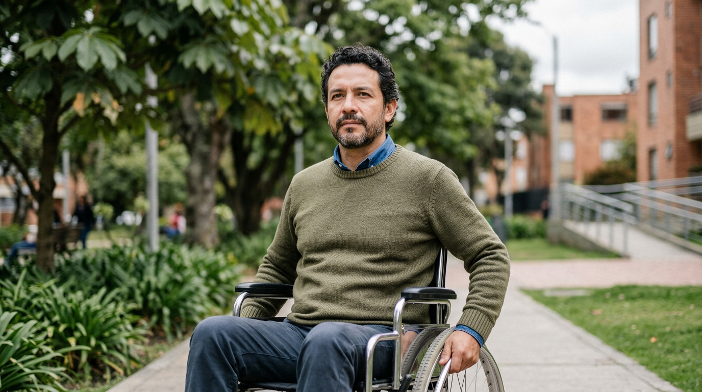 Persona hispana en silla de ruedas mira al frente con serena determinación tras una lesión medular.
