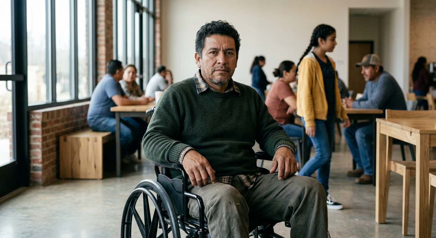 Persona hispana en silla de ruedas mira al frente con serena determinación tras lesión medular catastrófica.
