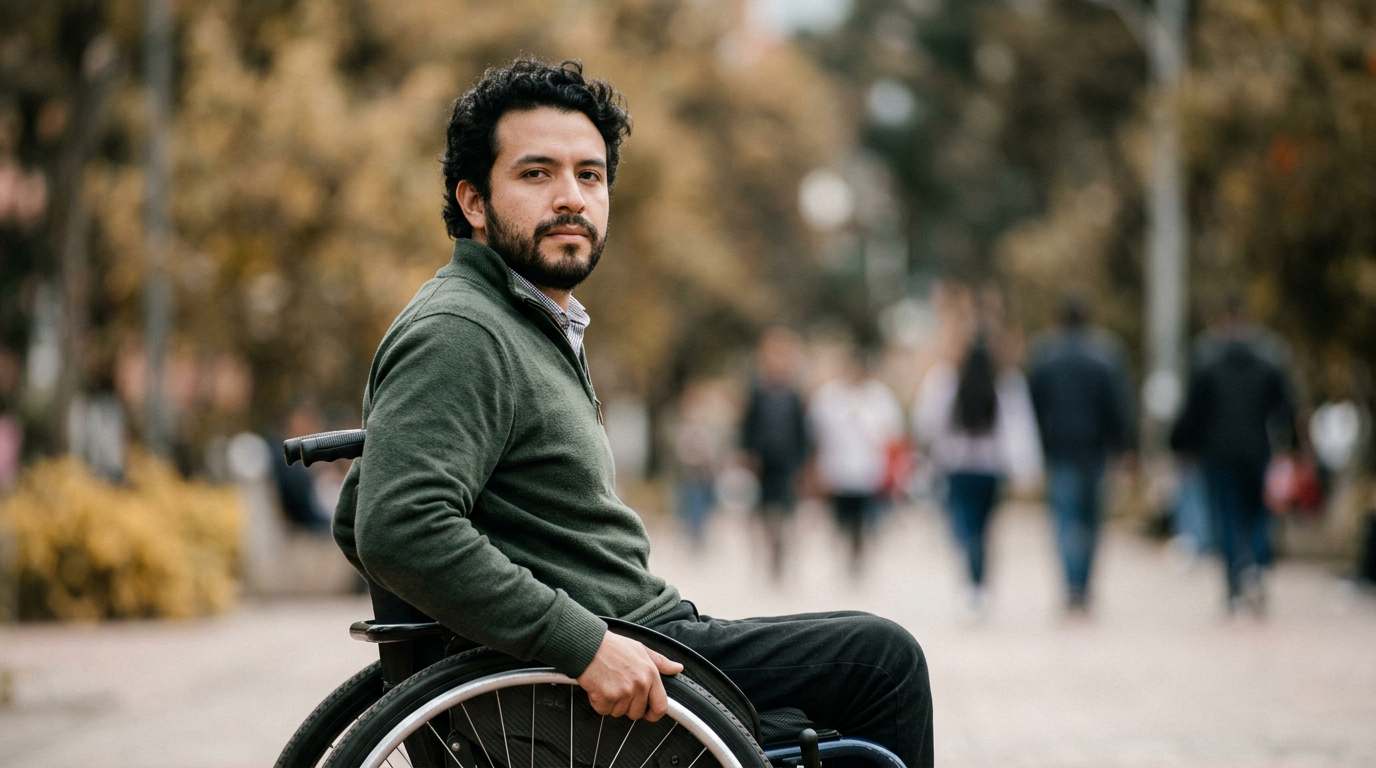 Persona hispana en silla de ruedas mirando al frente con serena determinación tras una lesión medular.