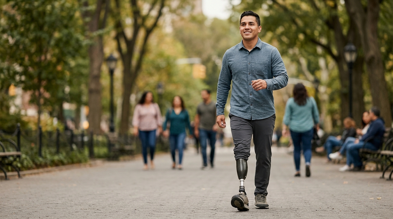 Persona latina con prótesis de pierna practicando su movilidad diaria con confianza.
