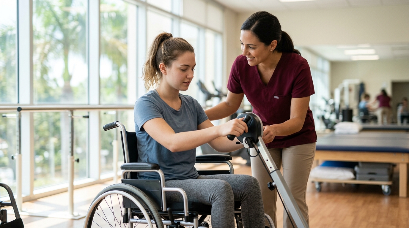 a young adult in a wheelchair in a spinal-cord-injury rehabilitation gym with a physical therapist