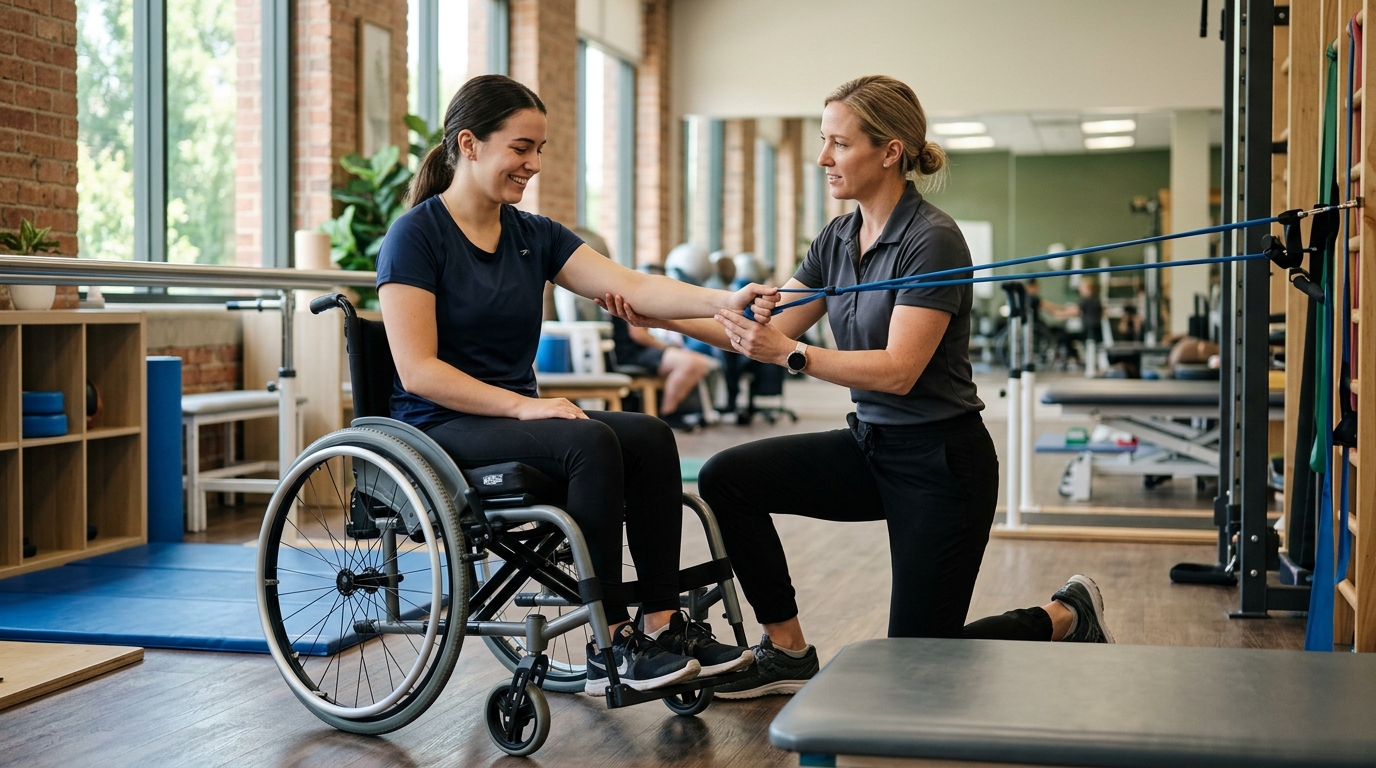 Physical therapist assisting a young adult in a wheelchair during spinal-cord rehabilitation.