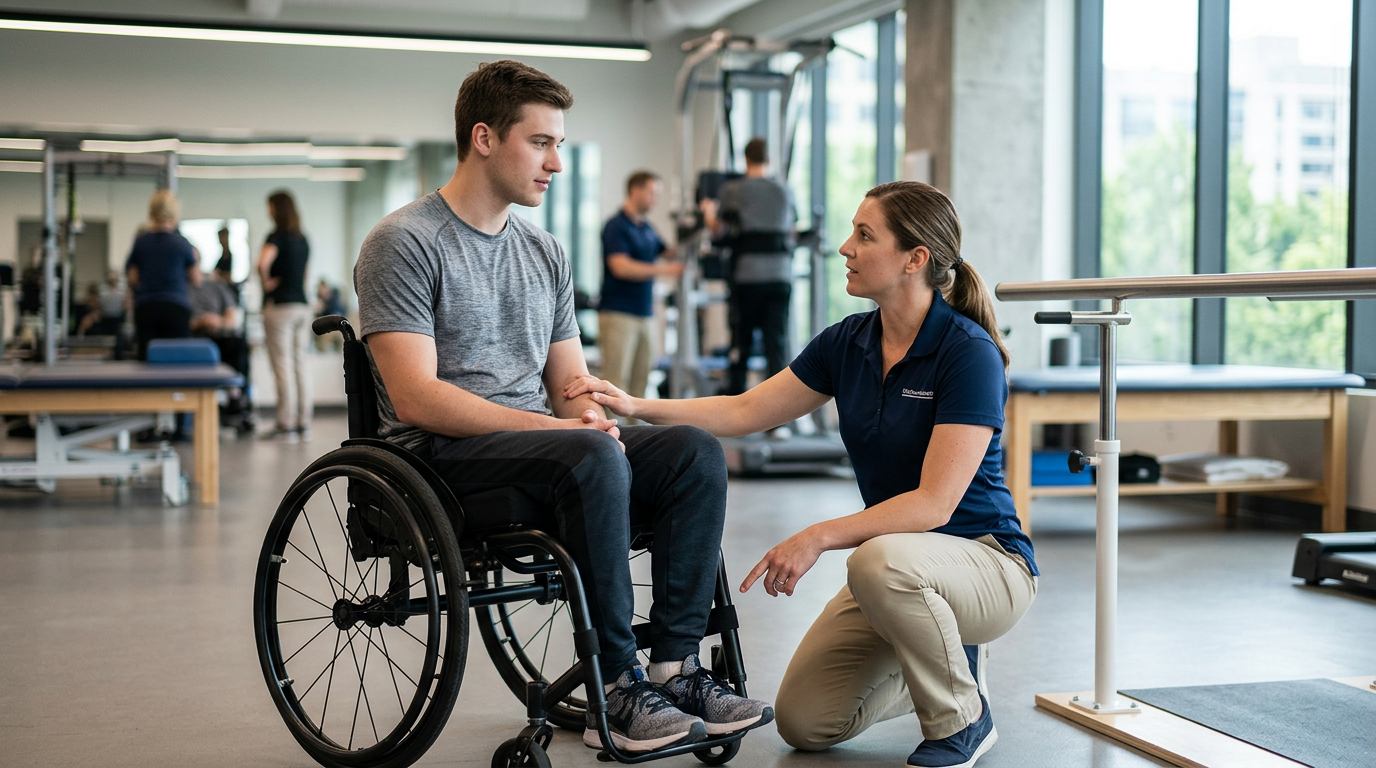 Physical therapist assisting a young adult in a wheelchair during spinal-cord-injury rehabilitation in a gym.