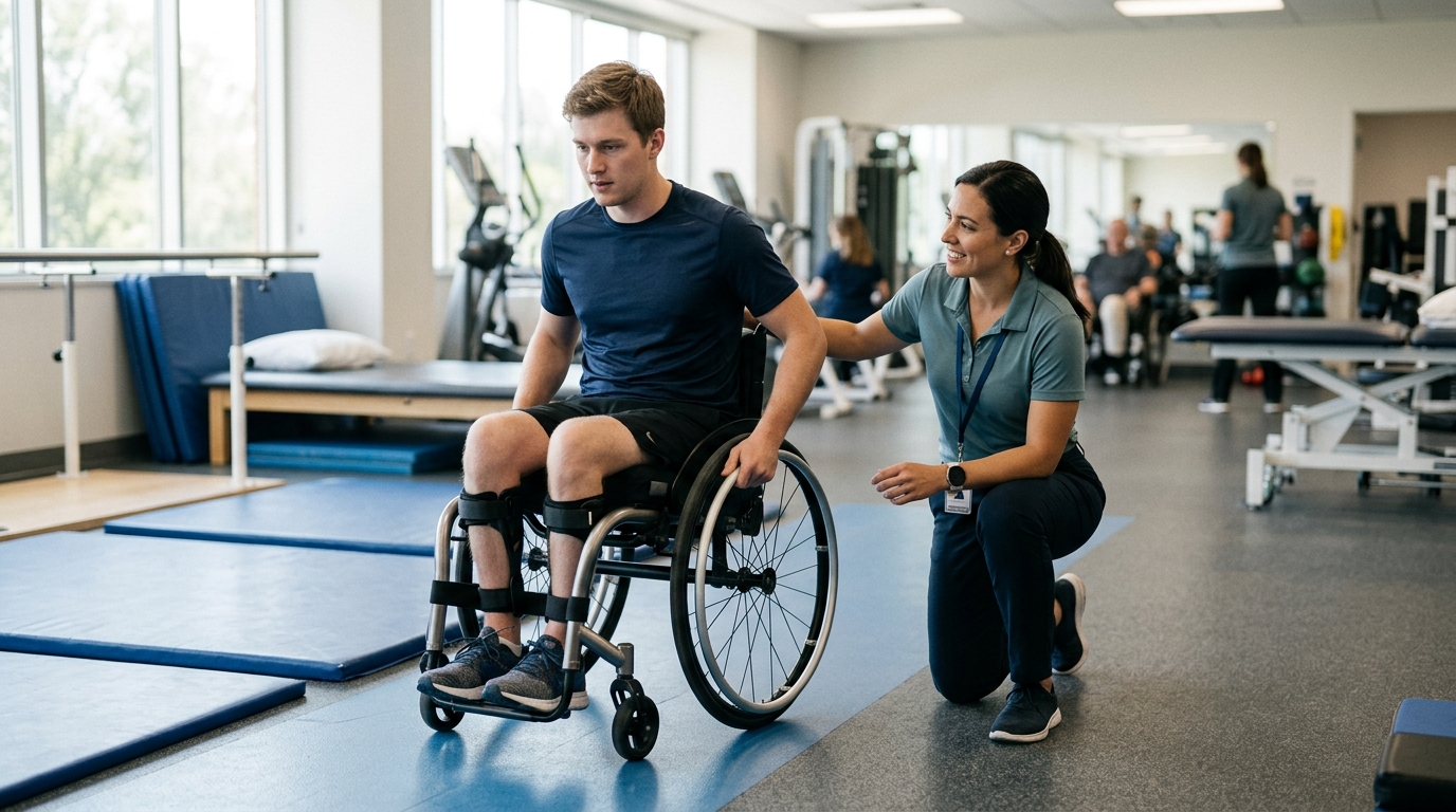 Physical therapist assisting a young adult in a wheelchair during a spinal cord injury rehabilitation session.