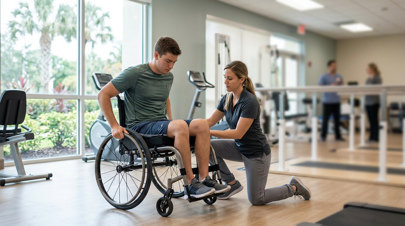 a young adult in a wheelchair in a spinal-cord-injury rehabilitation gym with a physical therapist