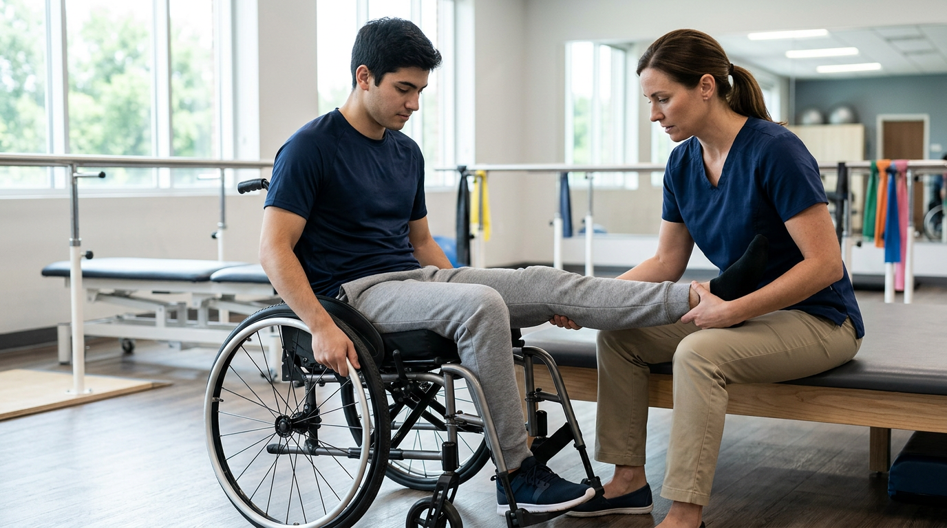 Physical therapist assisting a young adult in a wheelchair during rehabilitation in a spinal-cord-injury gym.