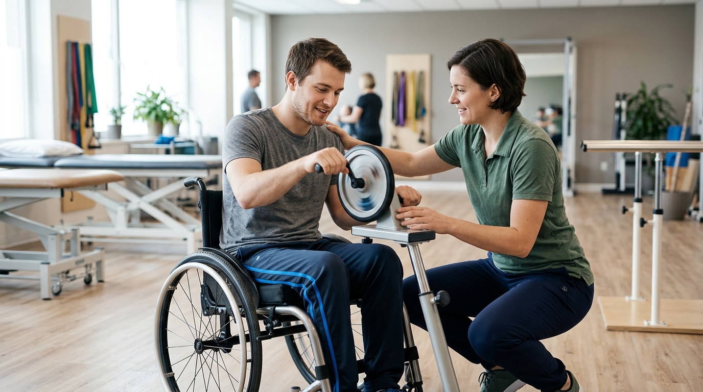 Physical therapist assisting a young adult in a wheelchair during spinal-cord-injury rehabilitation.