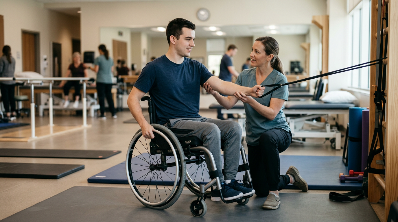 Physical therapist assisting a young adult in a wheelchair during rehabilitation gym exercises.