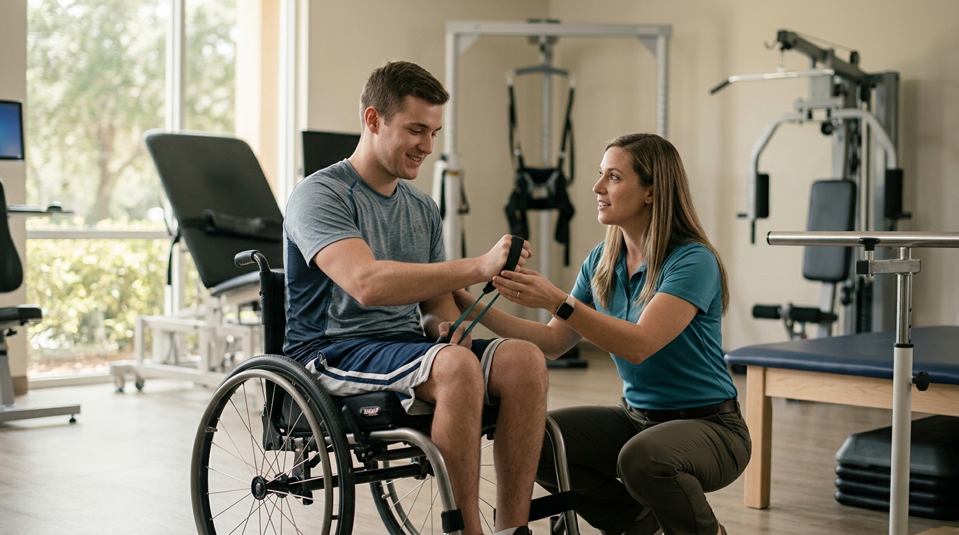 Physical therapist assisting a young adult in a wheelchair during spinal cord injury rehabilitation in a gym.