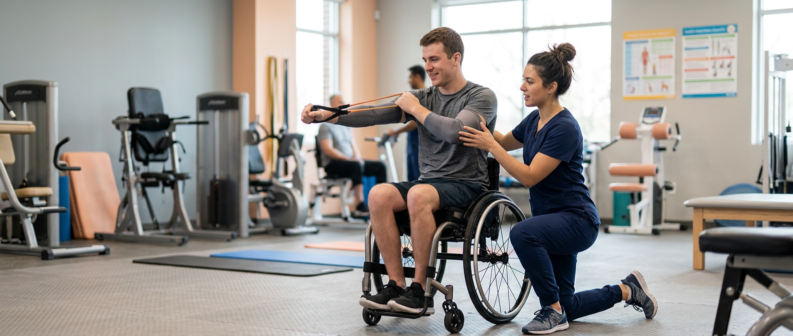 Physical therapist assisting a young adult in a wheelchair during rehabilitation in a therapy gym.