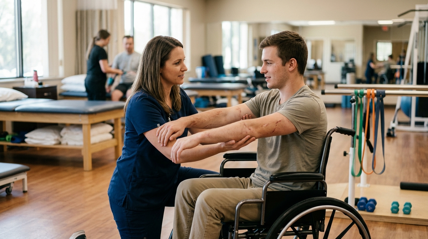 Physical therapist assisting a young adult in a wheelchair during rehabilitation in a therapy gym.