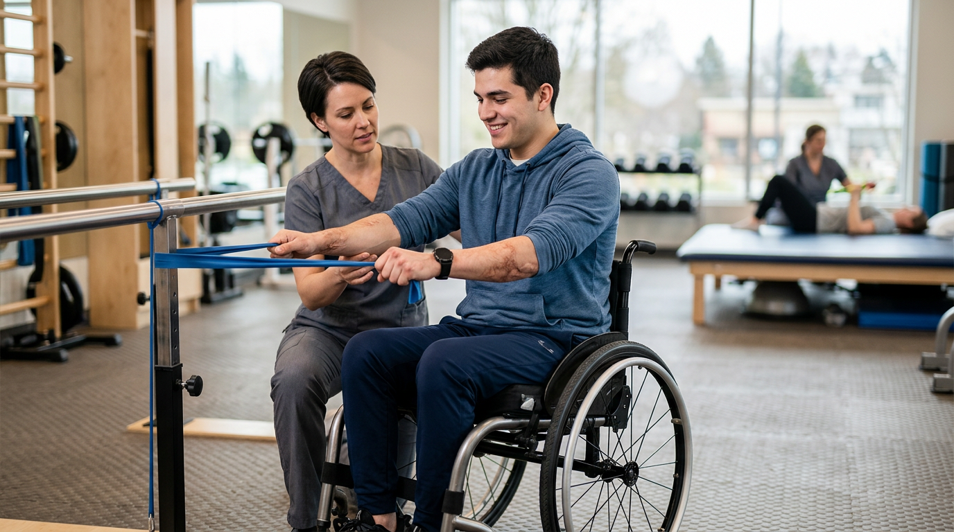 Physical therapist assisting a young adult in a wheelchair during rehabilitation in a therapy gym.