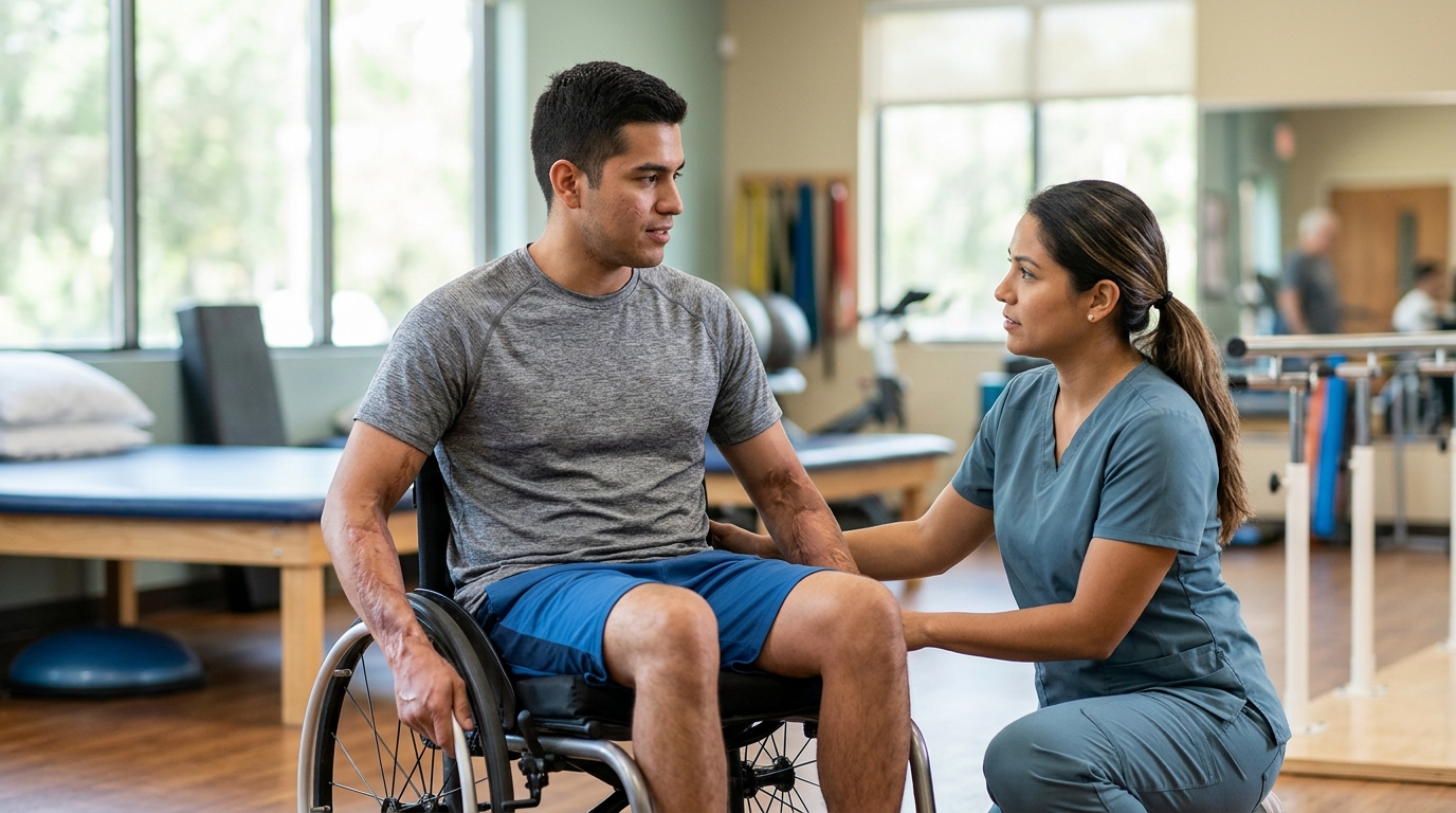 Physical therapist assisting a young adult in a wheelchair during rehabilitation in a therapy gym.