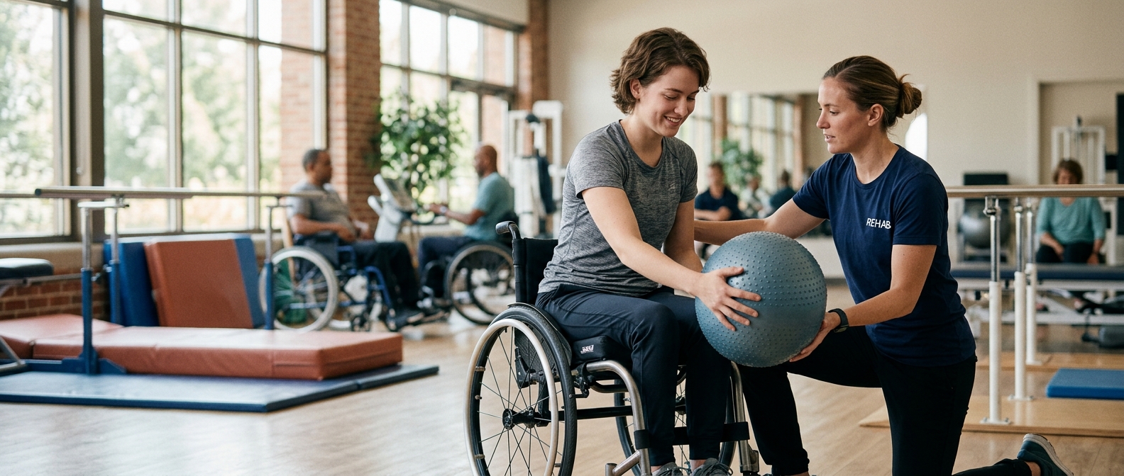 Physical therapist assisting a young adult in a wheelchair in a spinal-cord-injury rehabilitation gym.