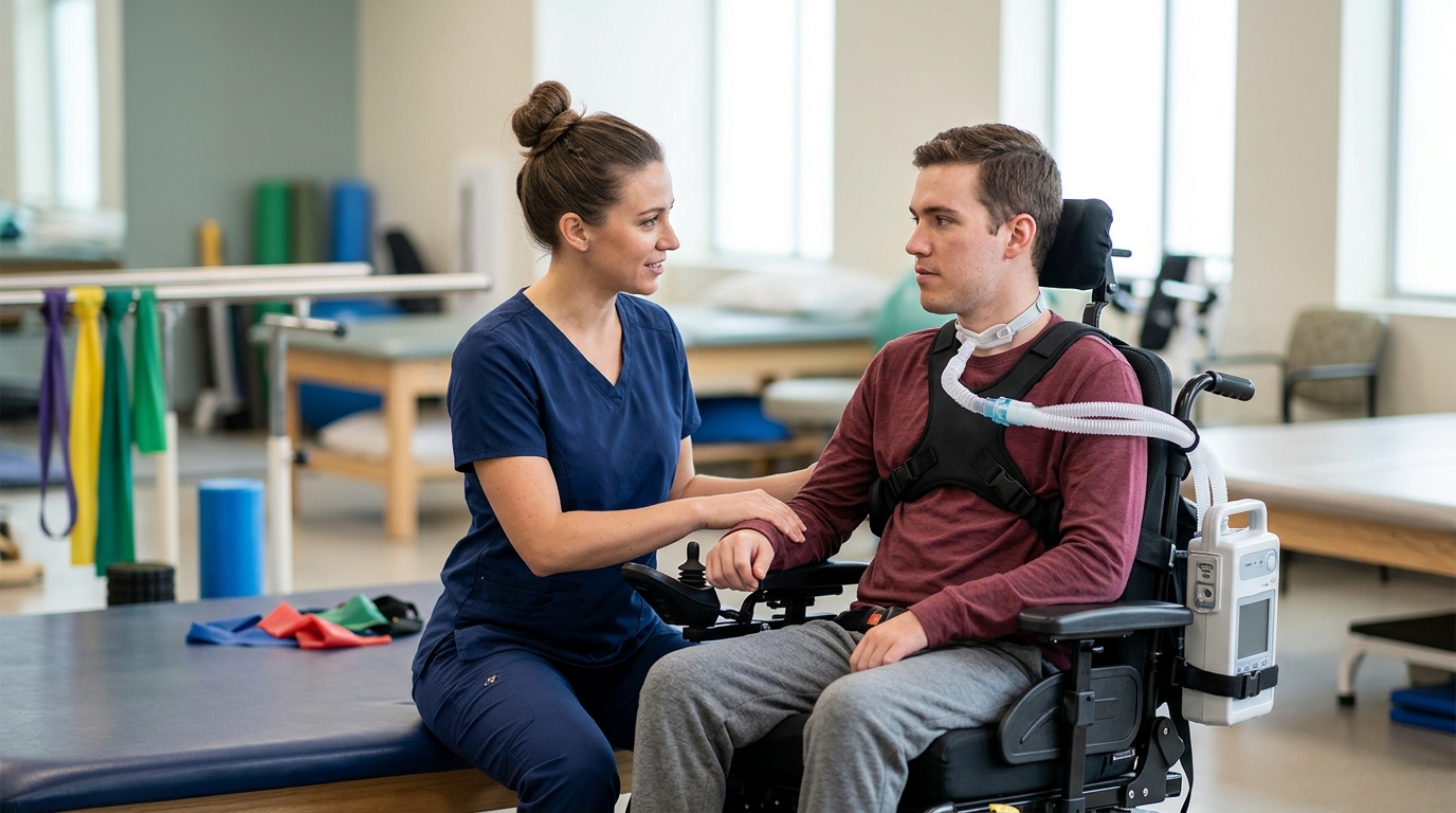 Physical therapist assisting a young adult using a wheelchair in a spinal-cord-injury rehabilitation gym.
