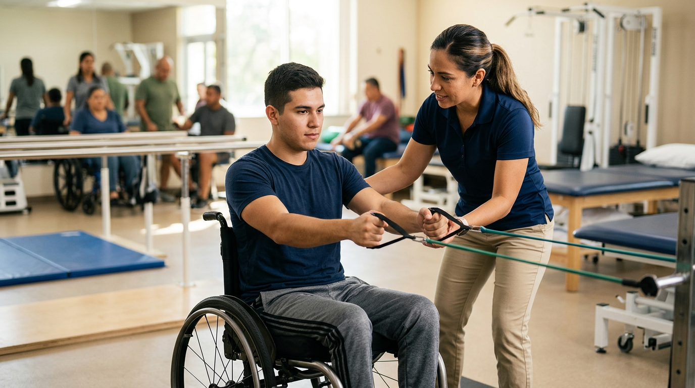 Physical therapist assisting a young adult using a wheelchair in a spinal-cord-injury rehabilitation gym.