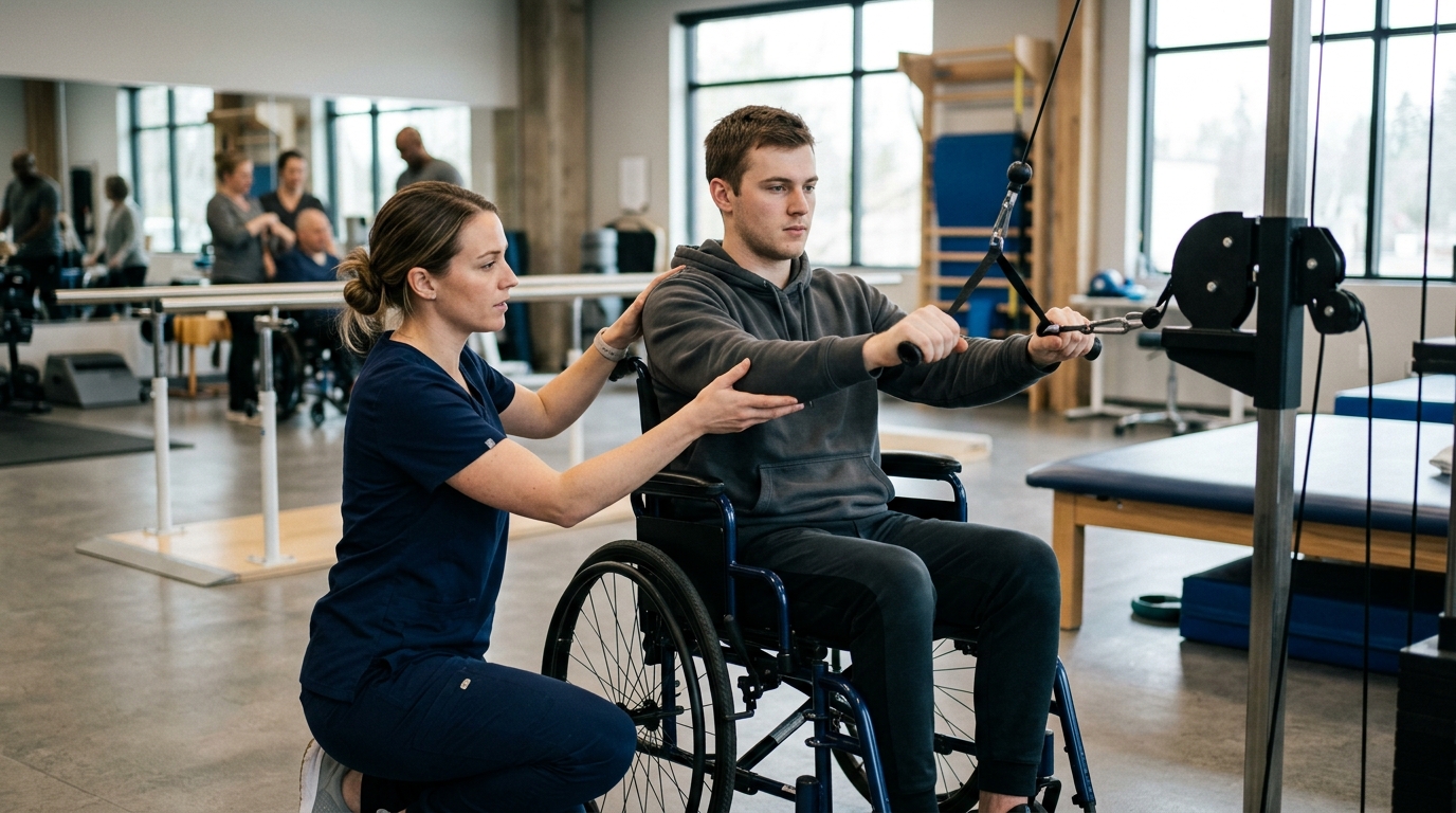 Physical therapist assisting a young adult using a wheelchair in a rehabilitation gym.