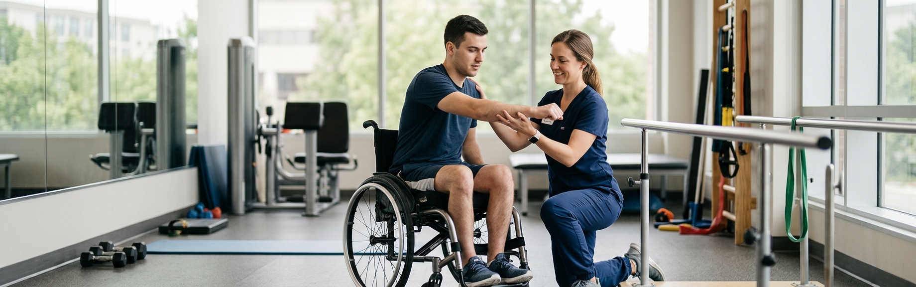 a young adult in a wheelchair in a spinal-cord-injury rehabilitation gym with a physical therapist
