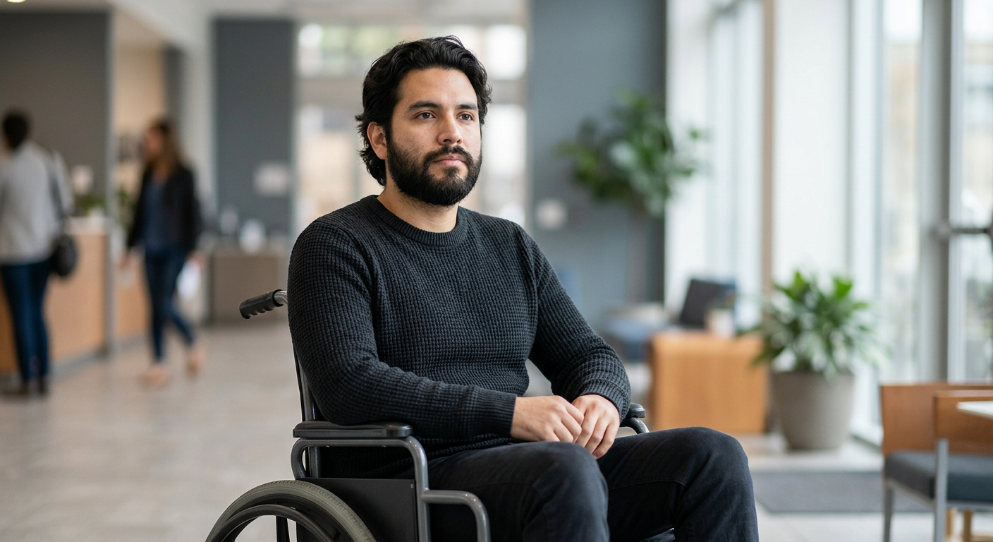 Reclamaciones Lesiones Catastróficas: Proceso de Demanda. a person who uses a wheelchair looking forward with quiet resolve, catastrophic spinal injury, featuring Hispanic and Latino people