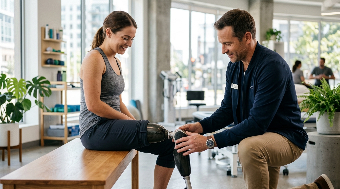 Rehabilitation specialist fitting a prosthetic leg on a patient in a bright clinic.