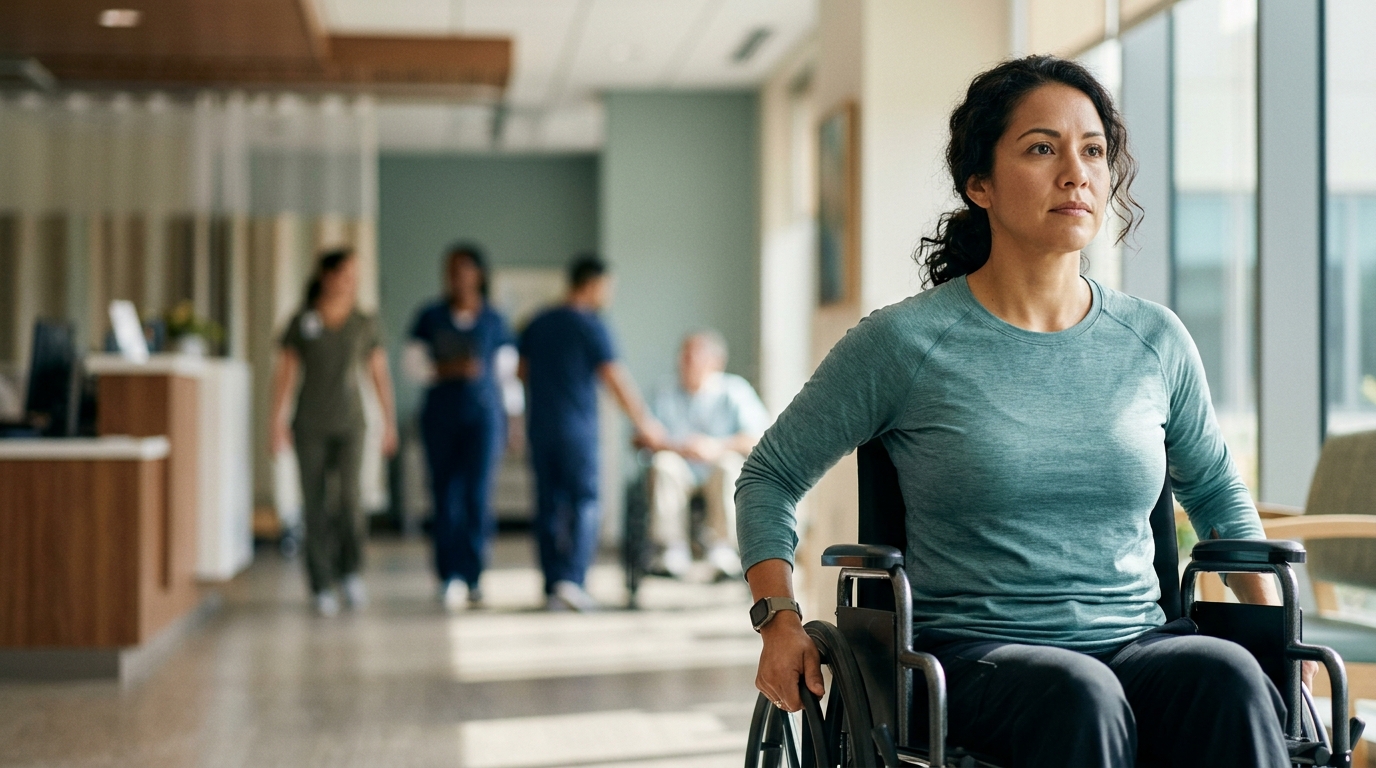 Spinal Cord Injury Rehab Costs in Florida: What to Expect. a person who uses a wheelchair looking forward with quiet resolve, catastrophic spinal injury, featuring Hispanic and Latino people