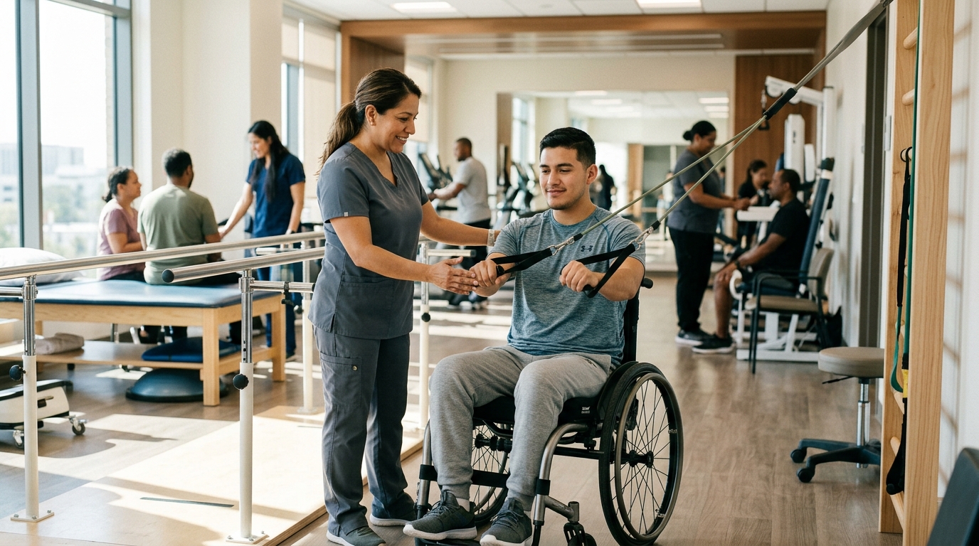 Terapeuta ayuda a joven en silla de ruedas durante rehabilitación por lesión de médula espinal.