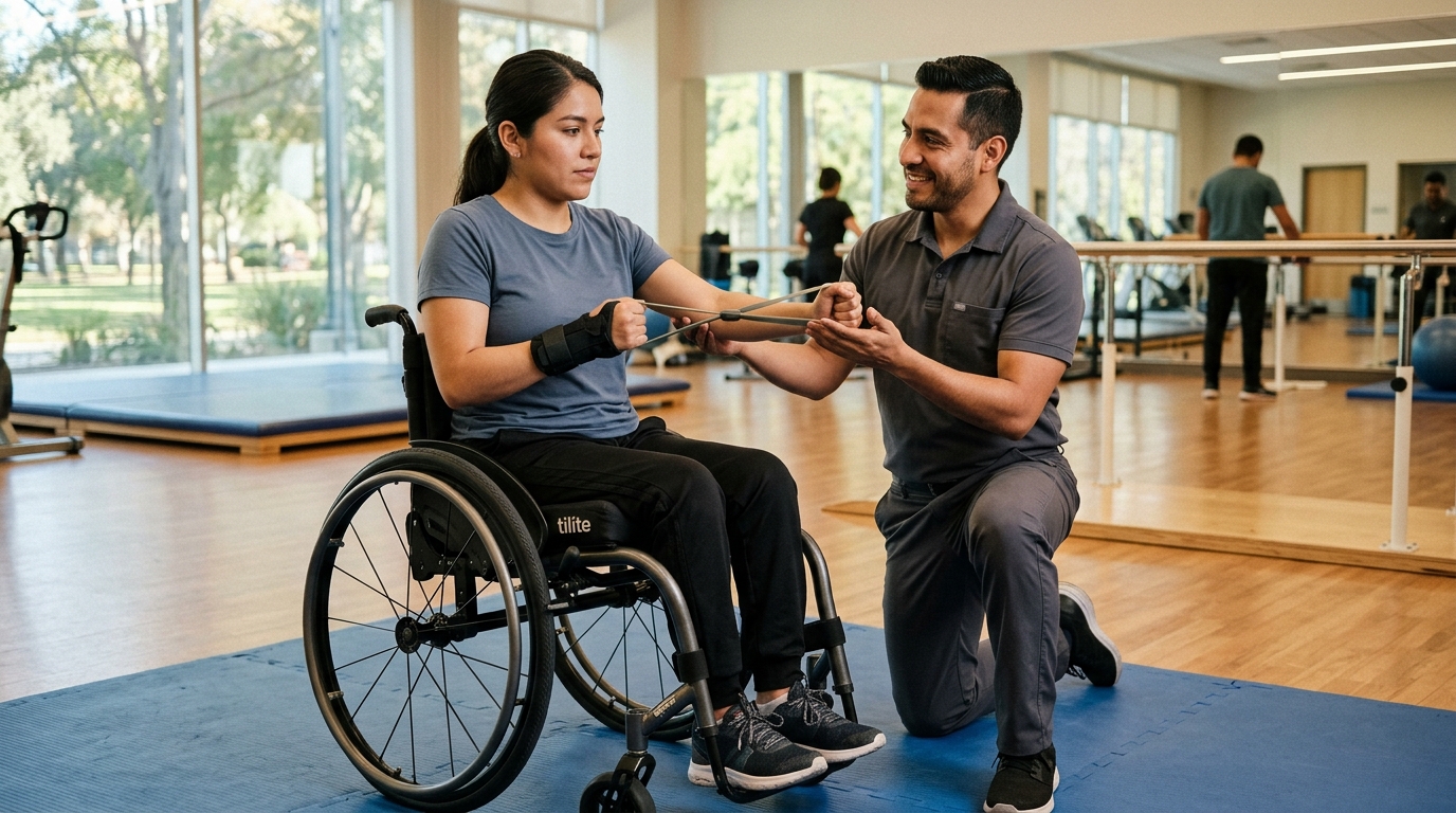 Terapeuta físico asiste a un joven adulto en silla de ruedas en un gimnasio de rehabilitación.