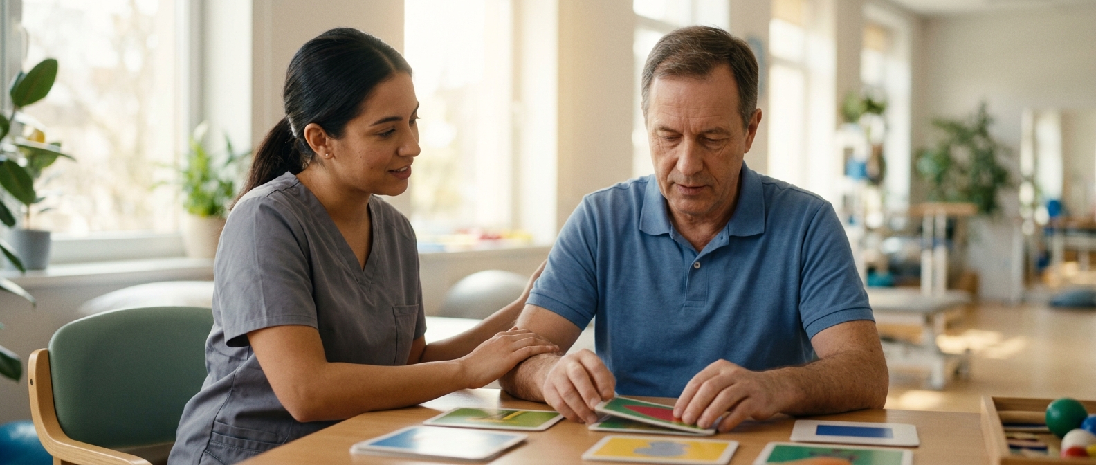 Therapist guiding a traumatic brain injury patient through memory and coordination exercises during rehabilitation.