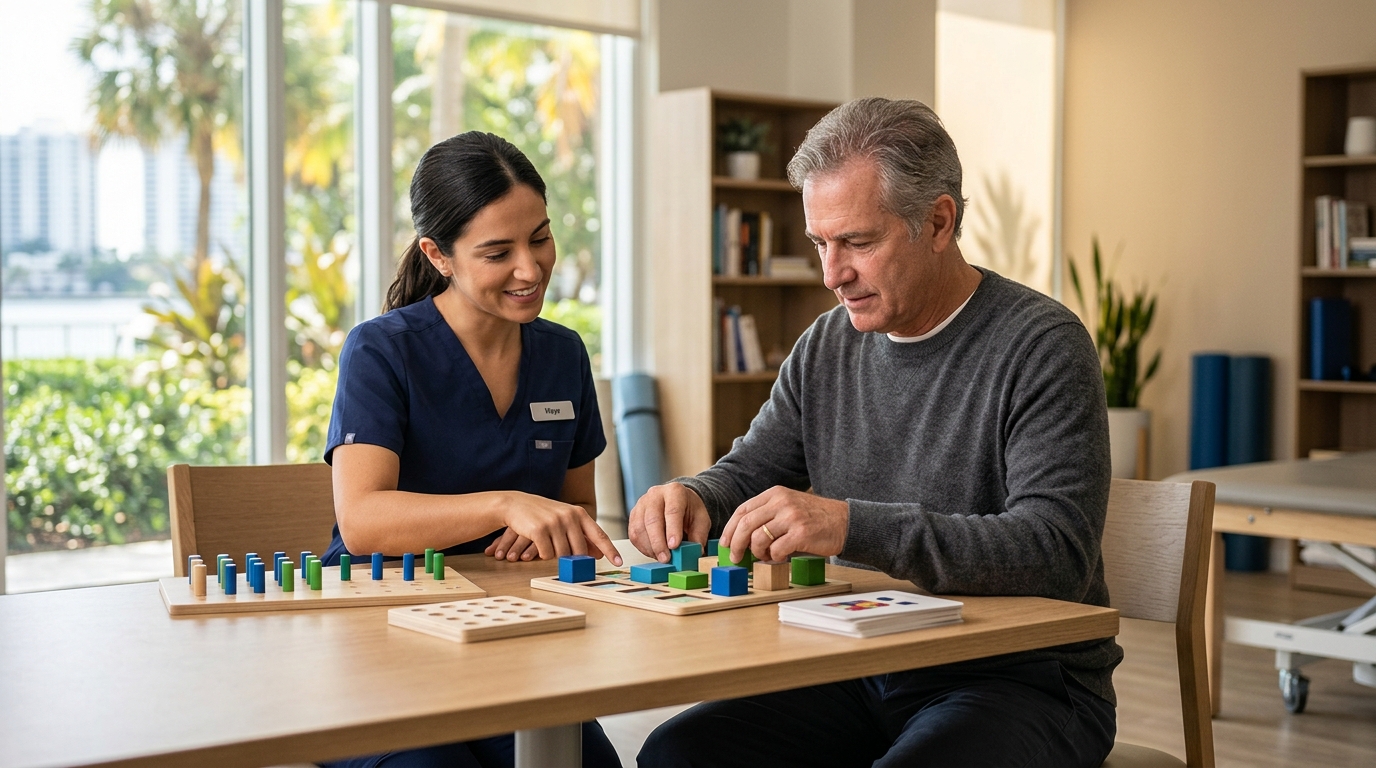 Traumatic brain injury patient practicing memory and coordination skills with a therapist.
