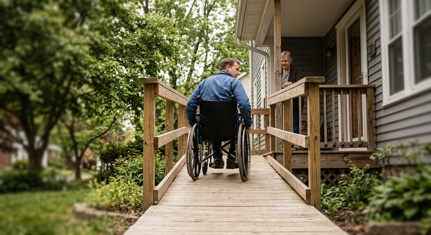 Wheelchair-accessible ramp and adapted home modifications built for a paralyzed person.