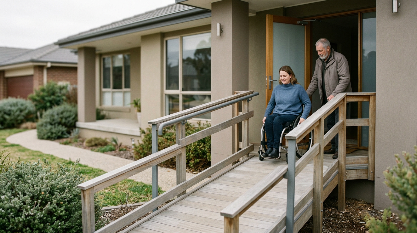 Wheelchair-accessible ramp leading to a home adapted for a person with paralysis.