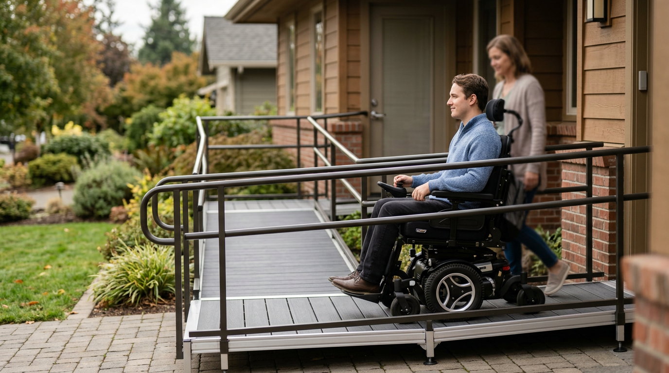 Wheelchair-accessible ramp leading to a home entrance with adapted modifications for mobility support.