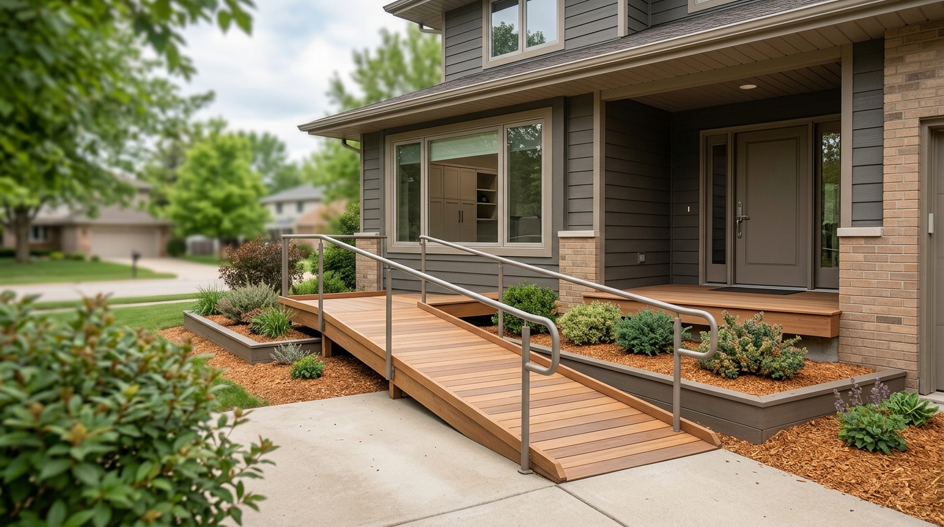 Wheelchair ramp and home modifications adapted for a person with paralysis.