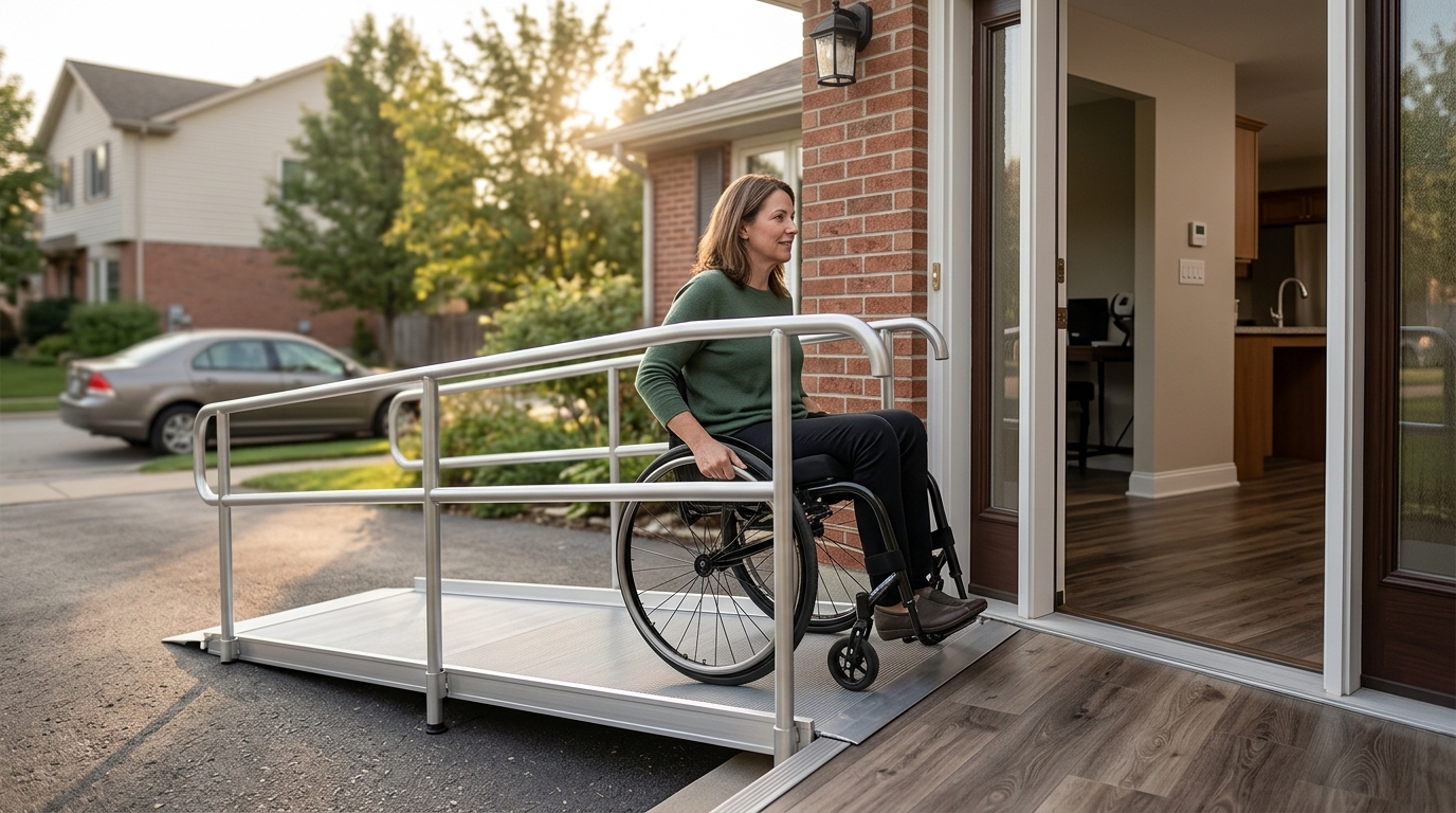 Wheelchair ramp leading to a home entrance with accessibility modifications for a paralyzed resident.