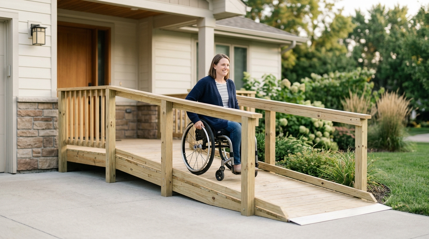 Wheelchair ramp leading to a home entrance with accessibility modifications for a paralyzed resident.