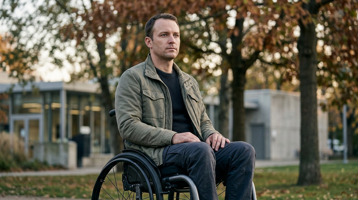 Wheelchair user facing forward with a quiet, resolute expression.